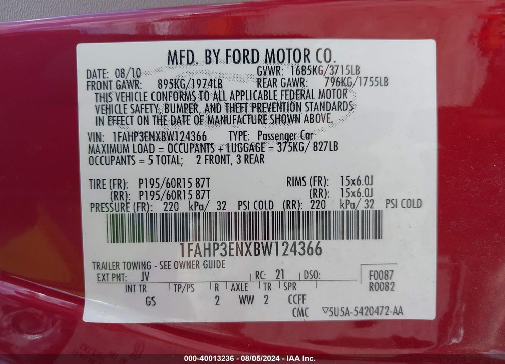 2011 FORD FOCUS S VIN: 1FAHP3ENXBW124366