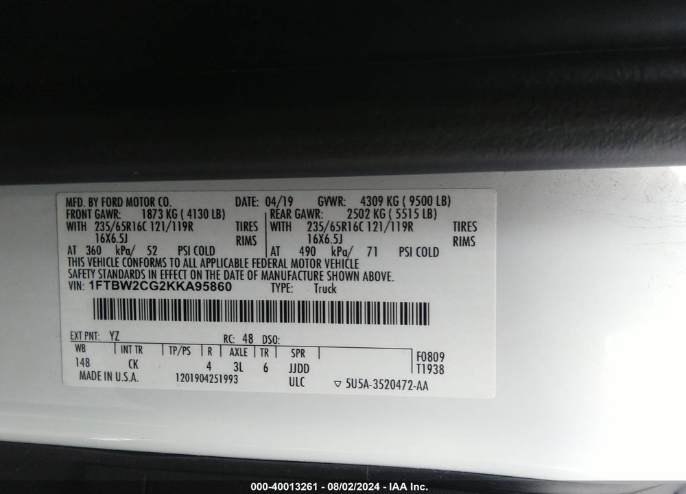 2019 FORD TRANSIT-350 VIN: 1FTBW2CG2KKA95860