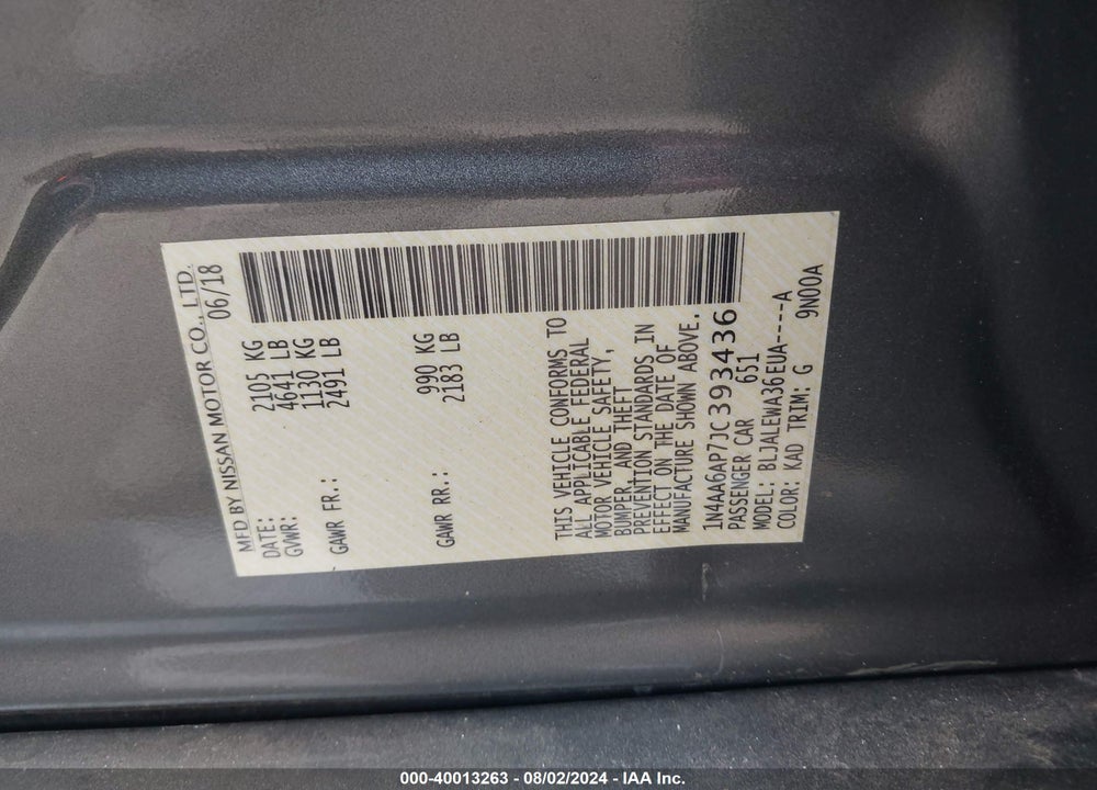 2018 NISSAN MAXIMA 3.5 SL VIN: 1N4AA6AP7JC393436