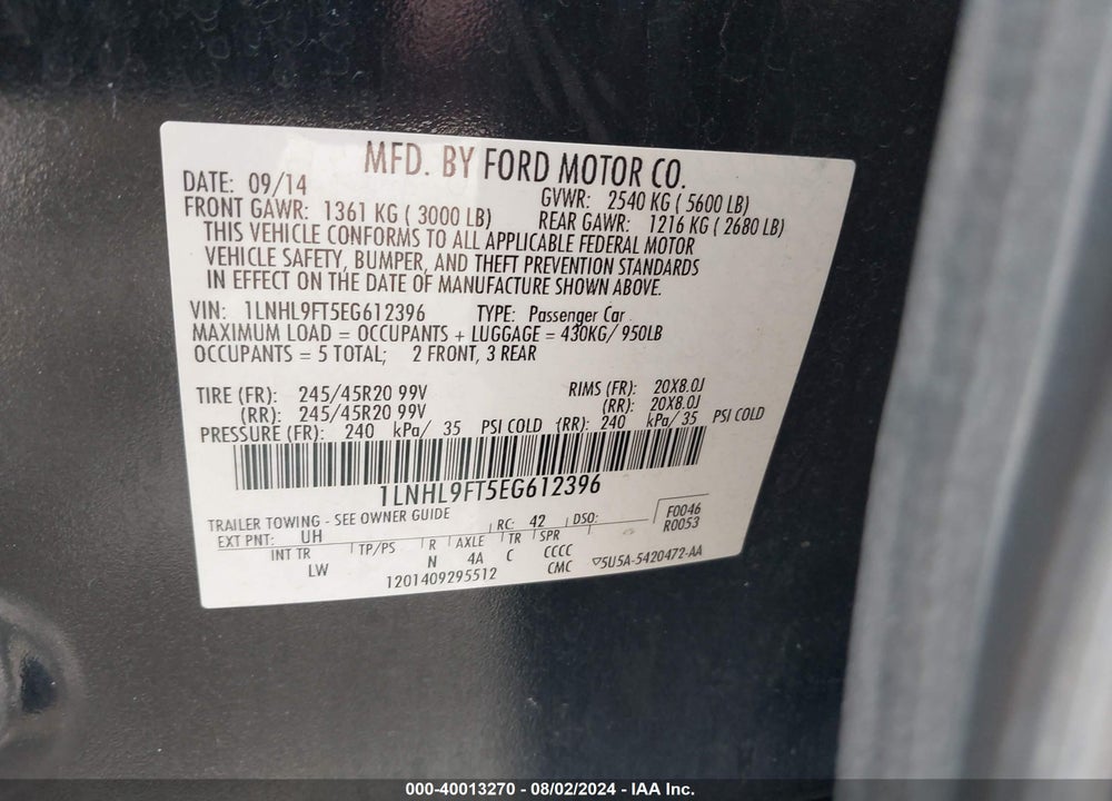 2014 LINCOLN MKS ECOBOOST VIN: 1LNHL9FT5EG612396