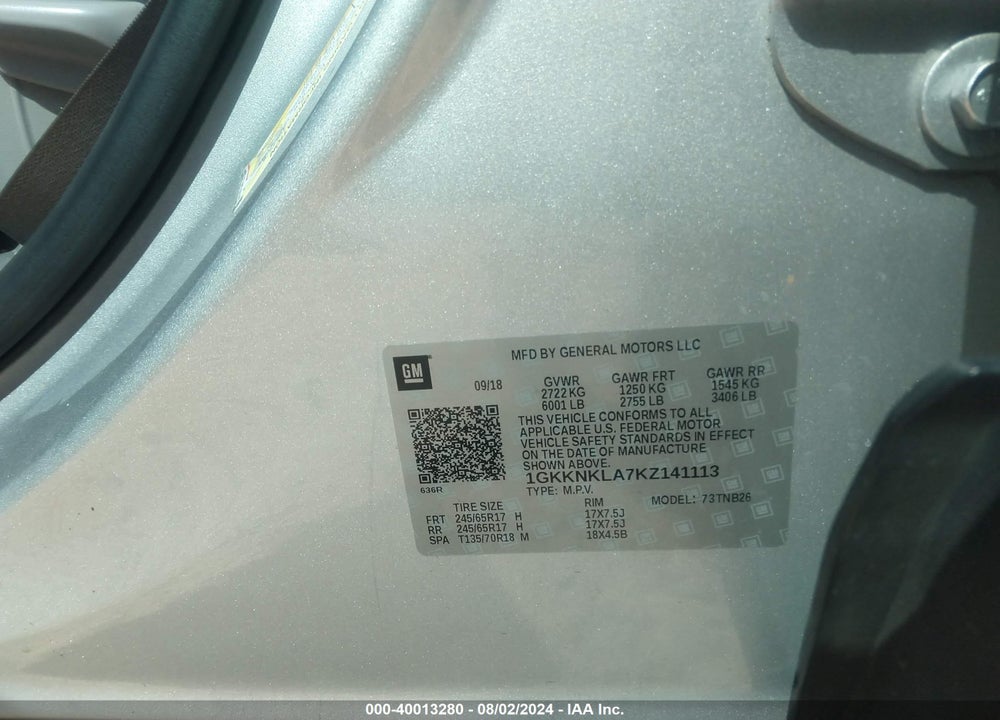 2019 GMC ACADIA SLE-1 VIN: 1GKKNKLA7KZ141113