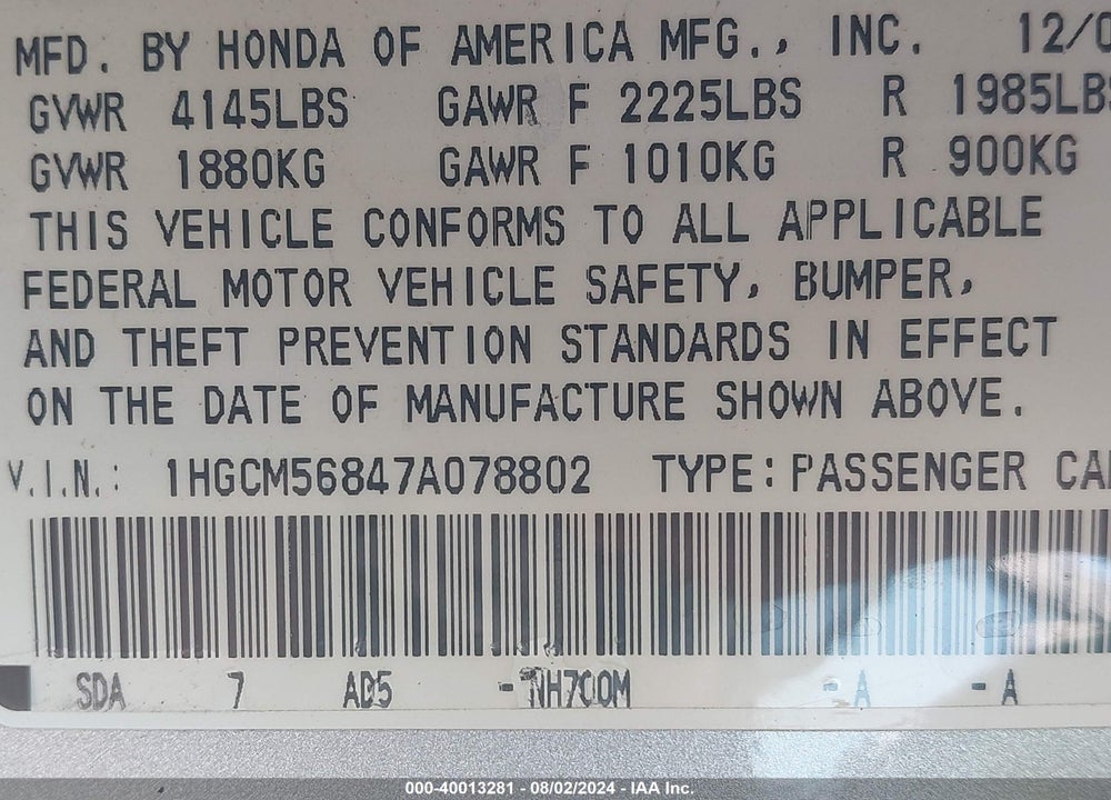 2007 HONDA ACCORD 2.4 EX VIN: 1HGCM56847A078802