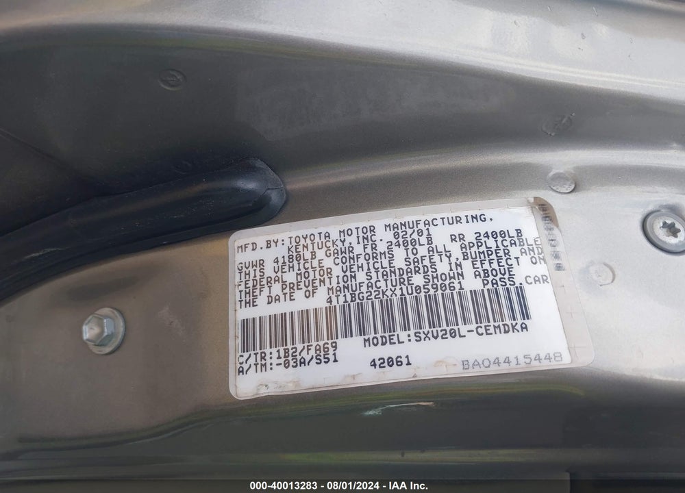 2001 TOYOTA CAMRY CE VIN: 4T1BG22KX1U059061