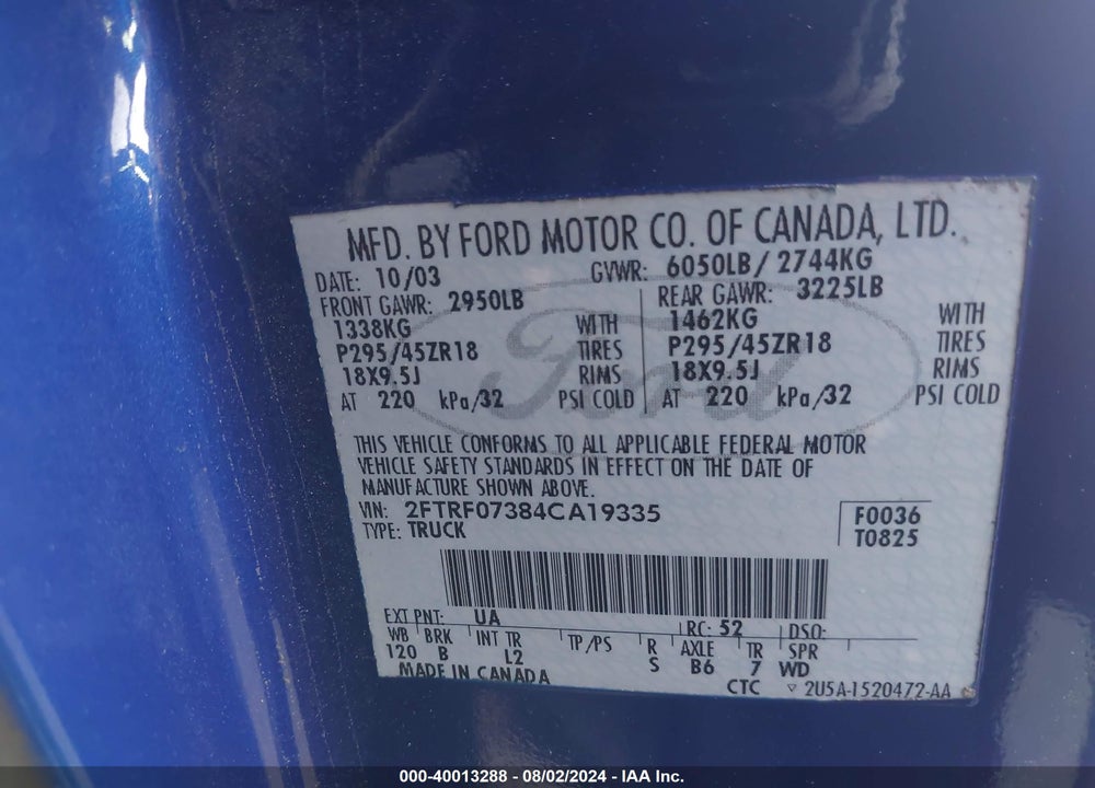 2004 FORD F-150 HERITAGE LIGHTNING VIN: 2FTRF07384CA19335