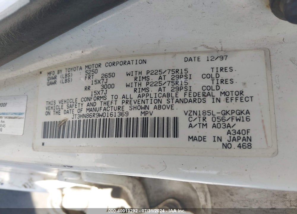 1998 TOYOTA 4RUNNER SR5 V6 VIN: JT3HN86R9W0161369