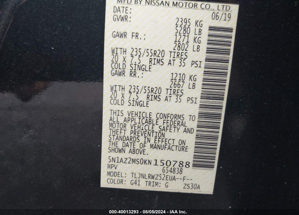 2019 NISSAN MURANO SL VIN: 5N1AZ2MS0KN150788