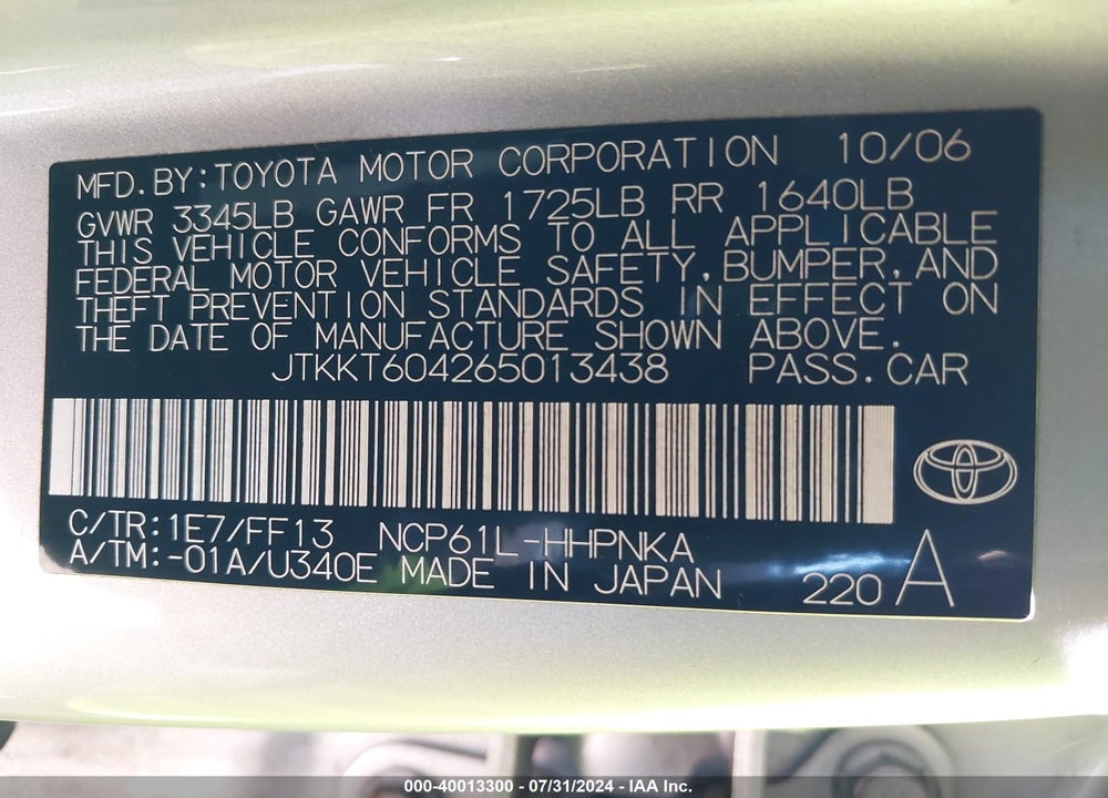 2006 SCION XA VIN: JTKKT604265013438