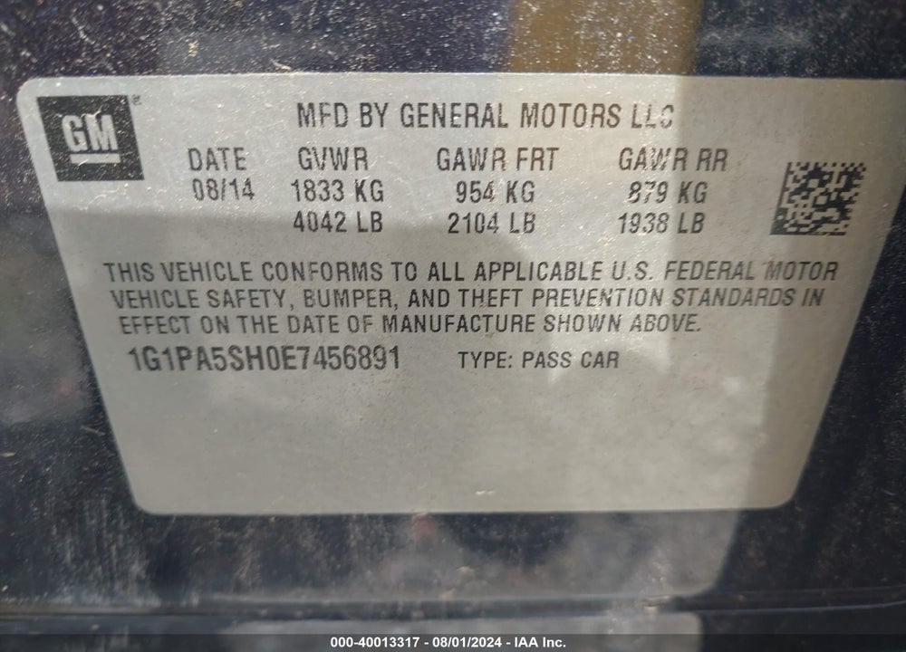 2014 CHEVROLET CRUZE LS AUTO VIN: 1G1PA5SH0E7456891
