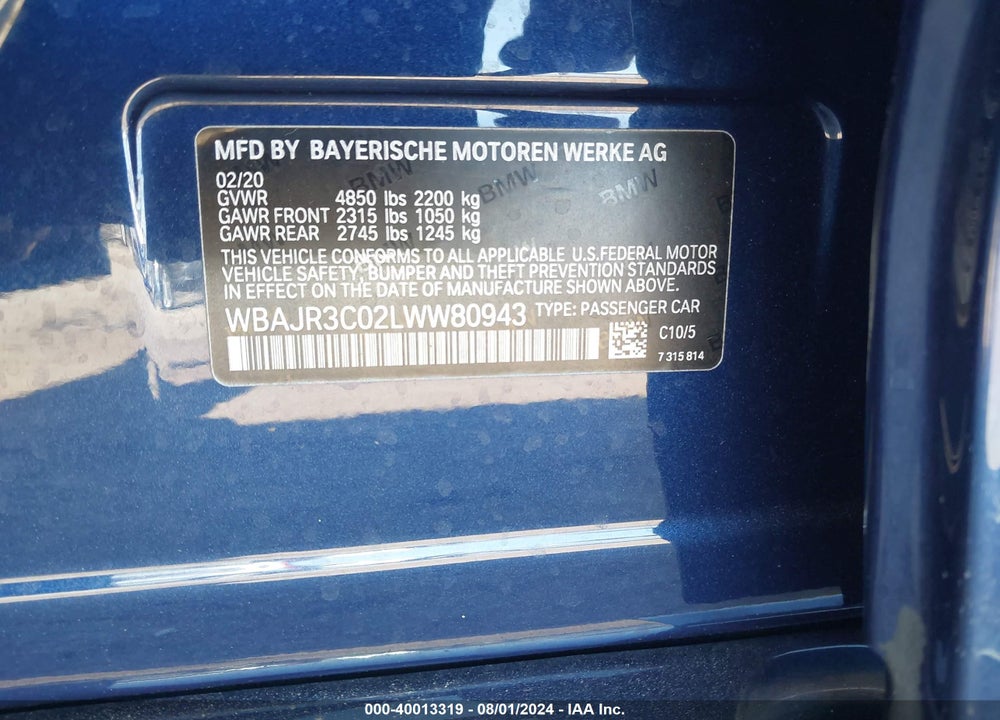 2020 BMW 530I VIN: WBAJR3C02LWW80943
