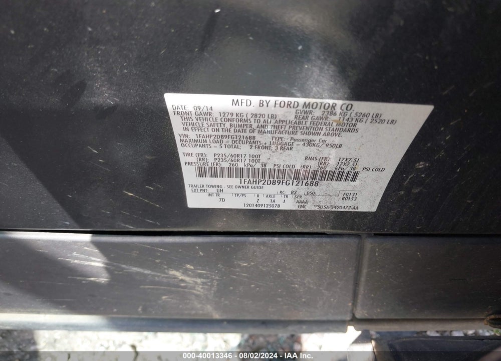 2015 FORD TAURUS SE VIN: 1FAHP2D89FG121688