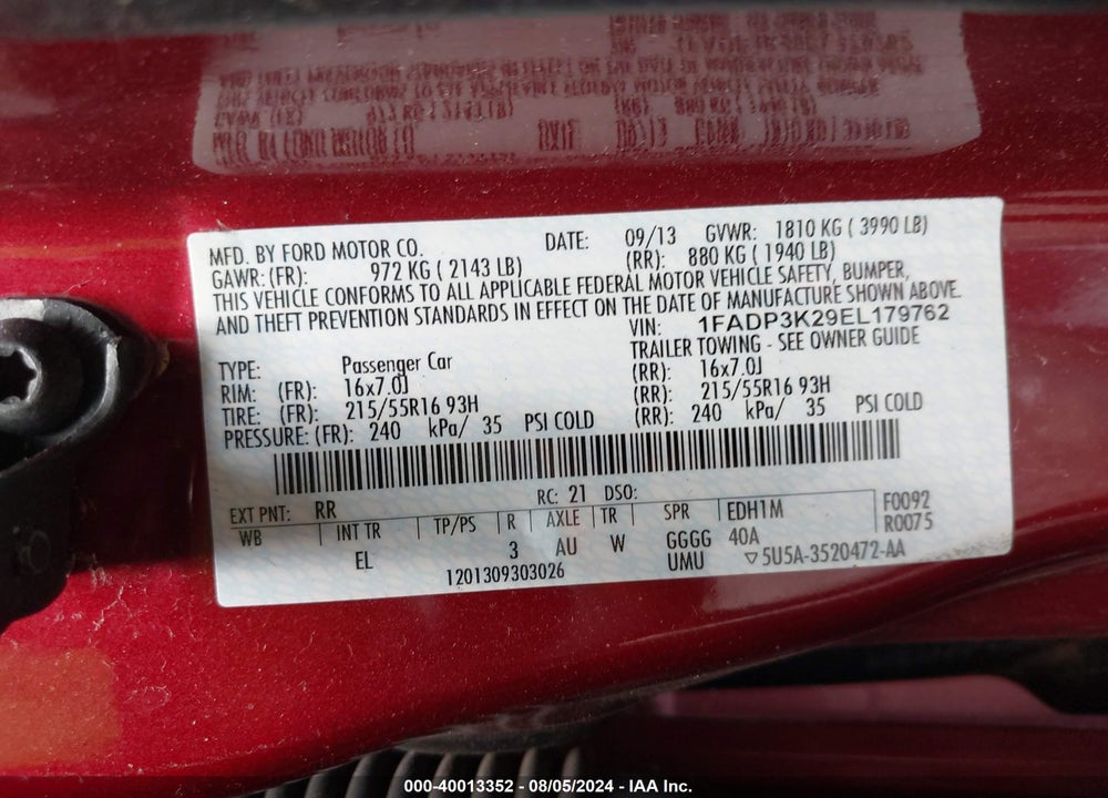 2014 FORD FOCUS SE VIN: 1FADP3K29EL179762