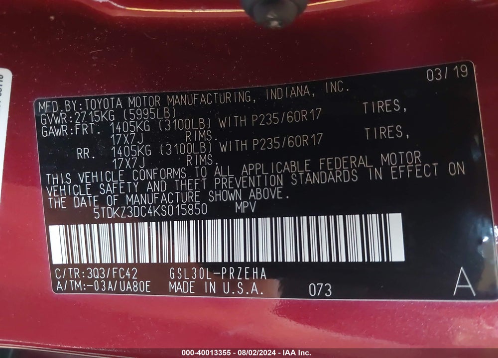 2019 TOYOTA SIENNA LE 8 PASSENGER VIN: 5TDKZ3DC4KS015850