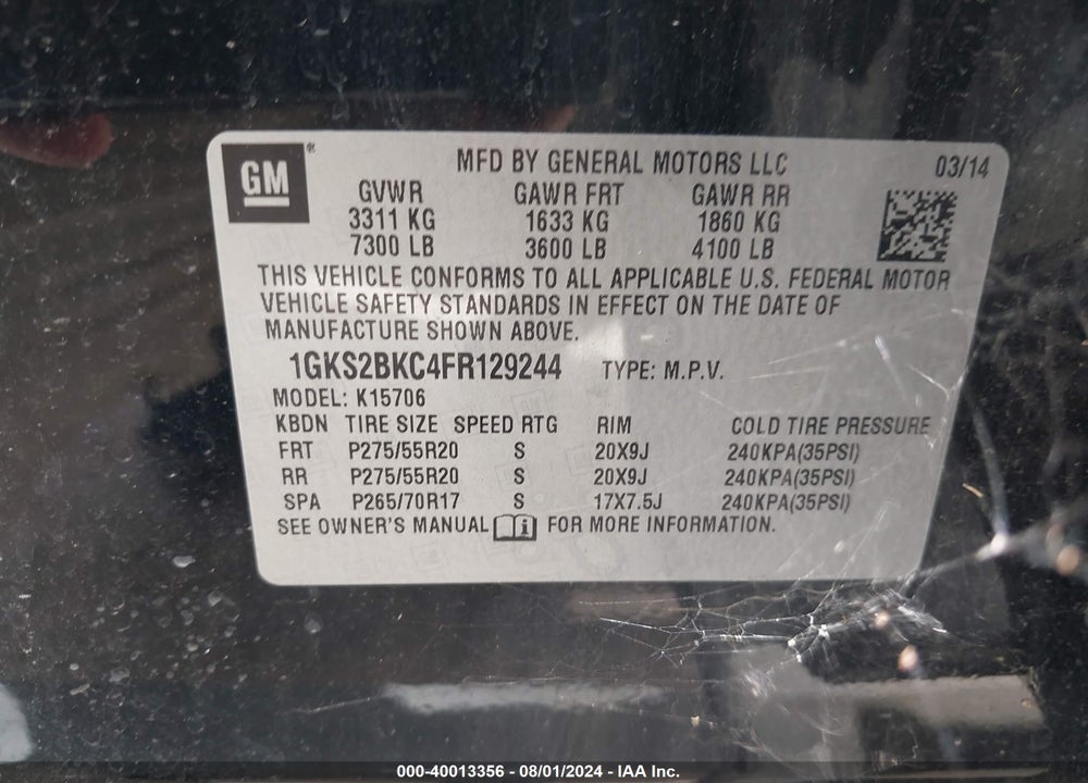2015 GMC YUKON SLT VIN: 1GKS2BKC4FR129244