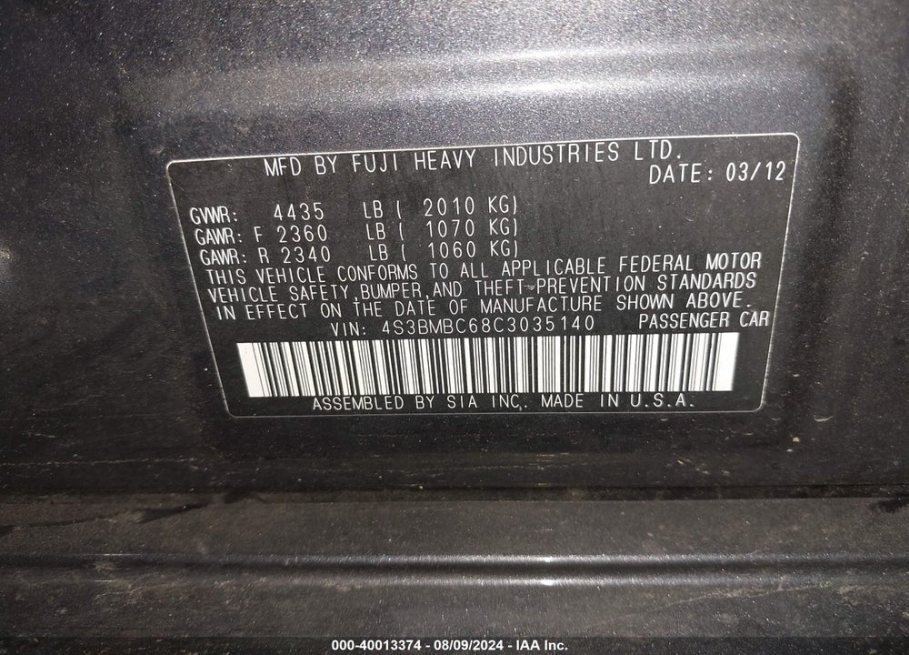 2012 SUBARU LEGACY 2.5I PREMIUM VIN: 4S3BMBC68C3035140