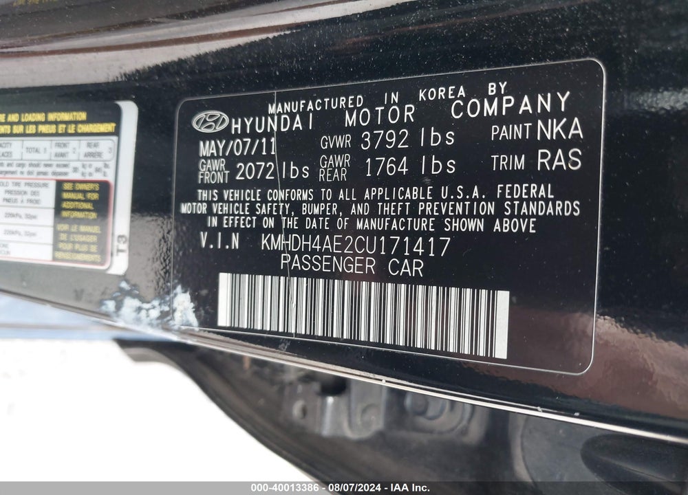 2012 HYUNDAI ELANTRA LIMITED (ULSAN PLANT) VIN: KMHDH4AE2CU171417