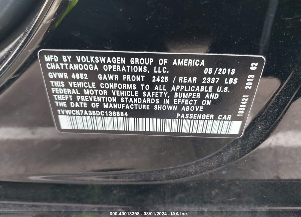 2013 VOLKSWAGEN PASSAT 2.0L TDI SEL PREMIUM VIN: 1VWCN7A35DC136884