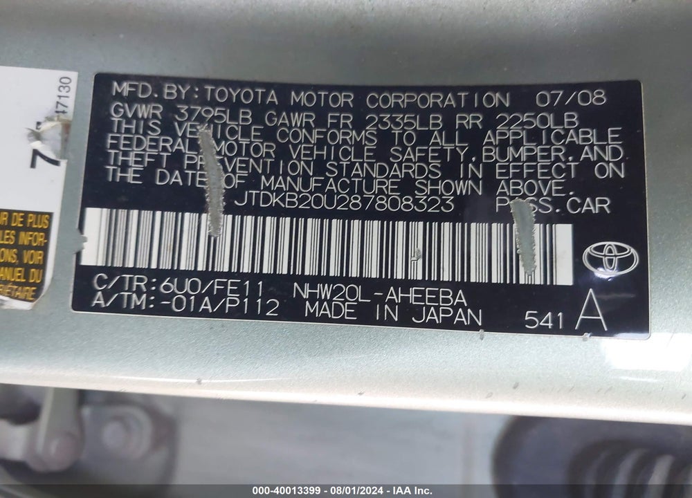 2008 TOYOTA PRIUS VIN: JTDKB20U287808323