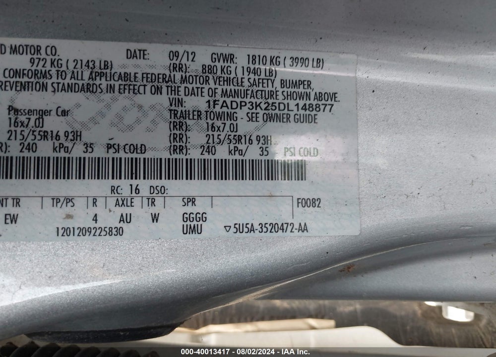 2013 FORD FOCUS SE VIN: 1FADP3K25DL148877
