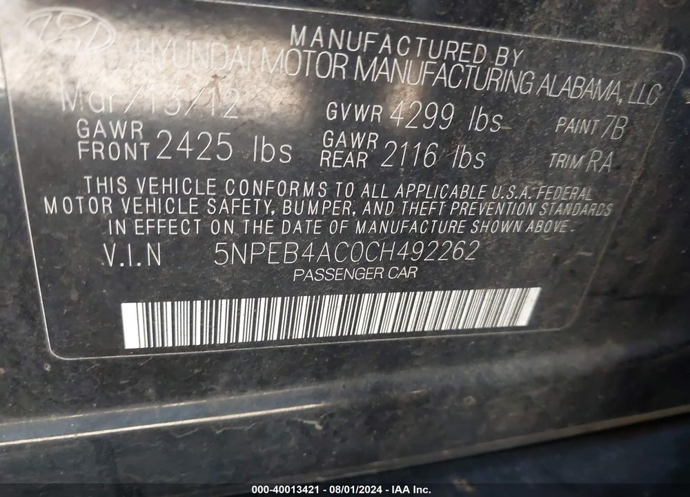 2012 HYUNDAI SONATA GLS VIN: 5NPEB4AC0CH492262
