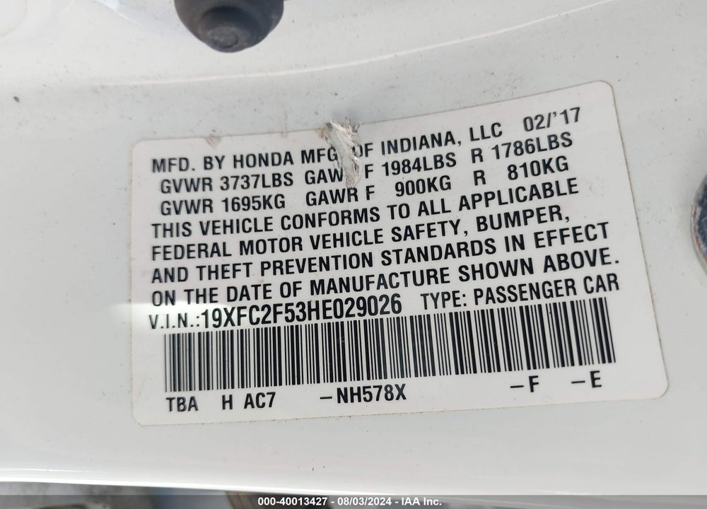 2017 HONDA CIVIC LX VIN: 19XFC2F53HE029026