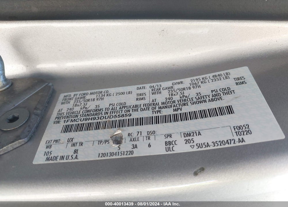 2013 FORD ESCAPE SEL VIN: 1FMCU9H93DUD55859