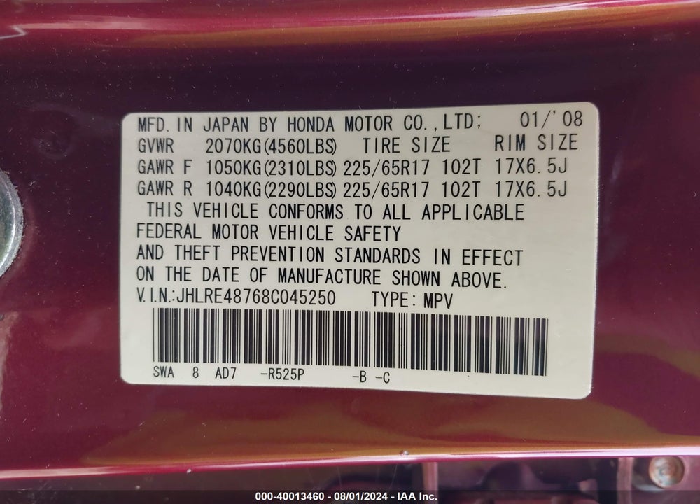 2008 HONDA CR-V EX-L VIN: JHLRE48768C045250