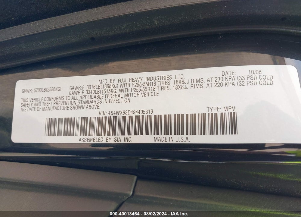 2009 SUBARU TRIBECA LIMITED 5-PASSENGER VIN: 4S4WX93D494405319