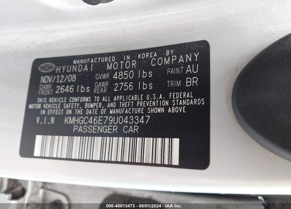 2009 HYUNDAI GENESIS 3.8 VIN: KMHGC46E79U043347