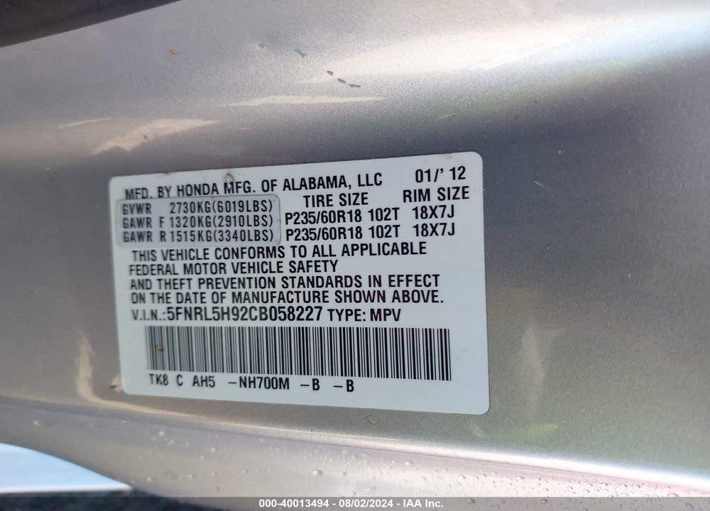 2012 HONDA ODYSSEY TOURING/TOURING ELITE VIN: 5FNRL5H92CB058227