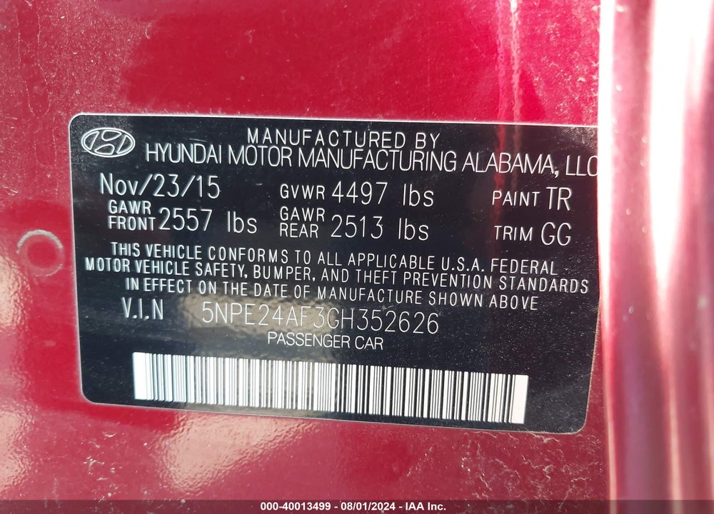 2016 HYUNDAI SONATA SE VIN: 5NPE24AF3GH352626