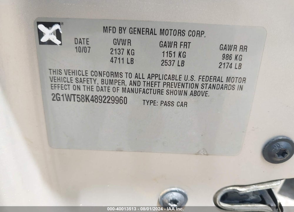 2008 CHEVROLET IMPALA LT VIN: 2G1WT58K489229960