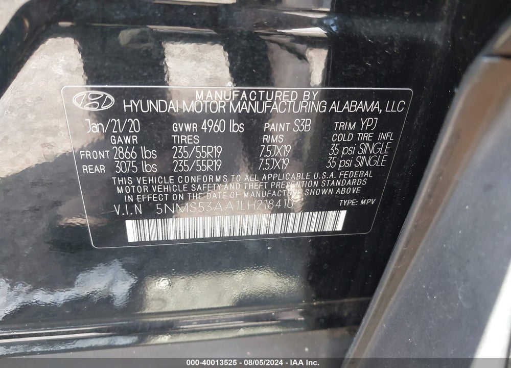 2020 HYUNDAI SANTA FE LIMITED 2.0T VIN: 5NMS53AA1LH218410