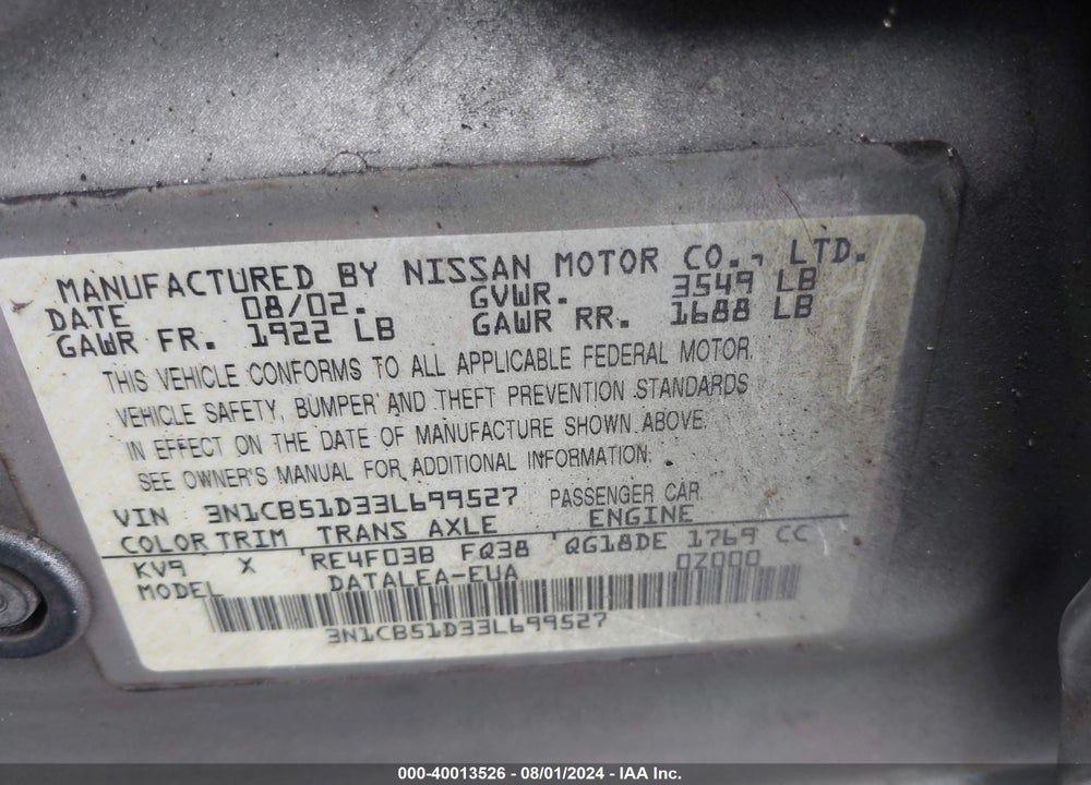 2003 NISSAN SENTRA GXE VIN: 3N1CB51D33L699527