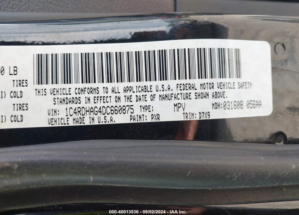 2013 DODGE DURANGO VIN: 1C4RDHAG4DC660875