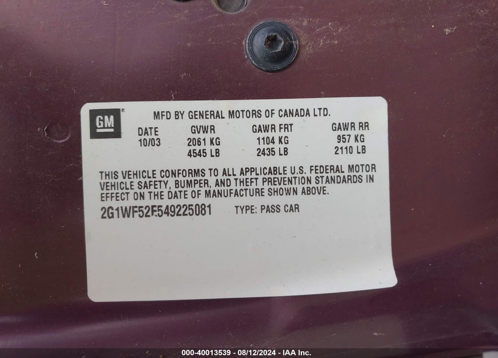 2004 CHEVROLET IMPALA VIN: 2G1WF52E549225081
