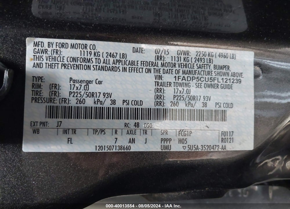2015 FORD C-MAX ENERGI SEL VIN: 1FADP5CU5FL121239