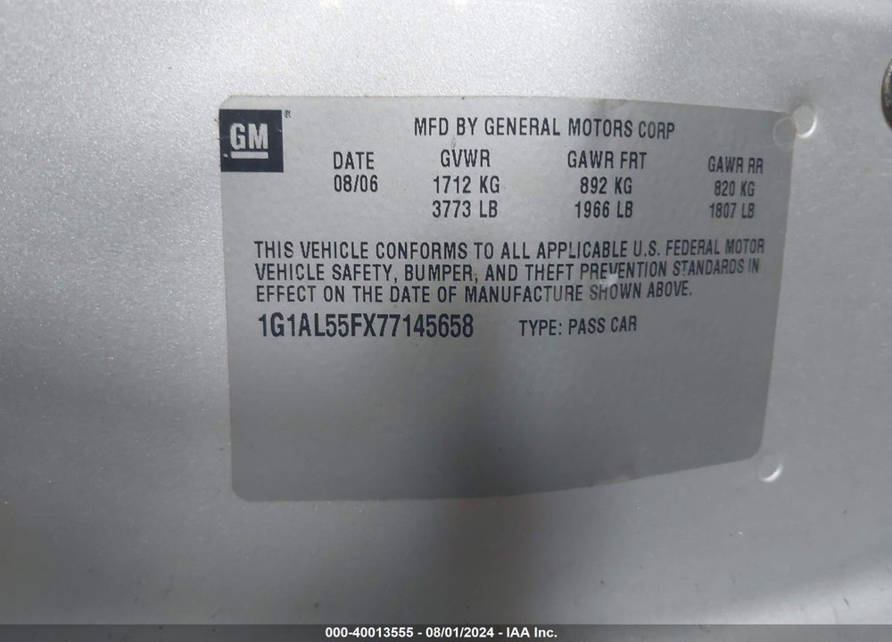 2007 CHEVROLET COBALT LT VIN: 1G1AL55FX77145658
