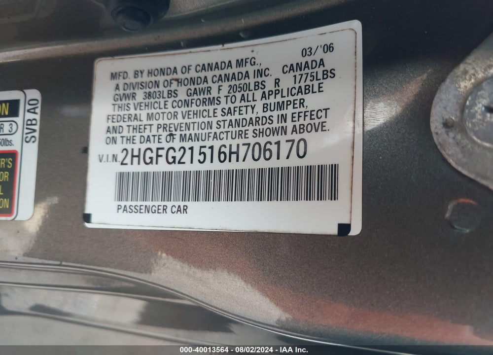 2006 HONDA CIVIC SI VIN: 2HGFG21516H706170