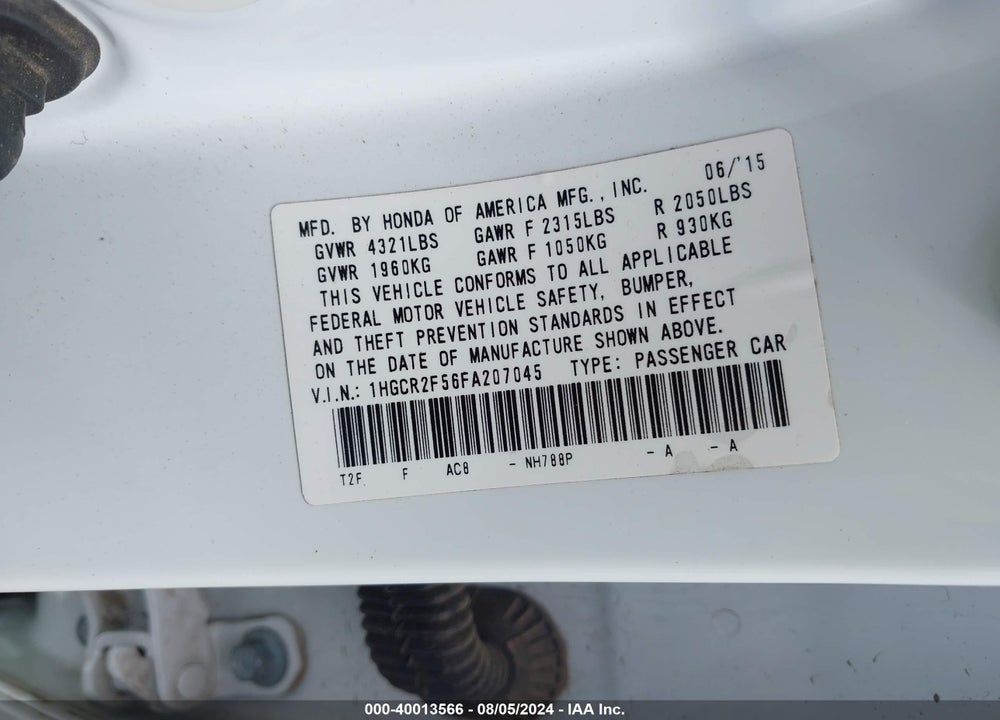 2015 HONDA ACCORD SPORT VIN: 1HGCR2F56FA207045