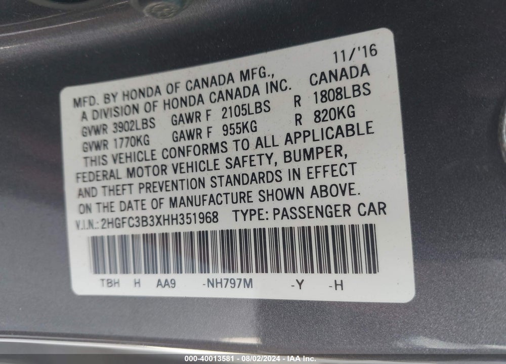 2017 HONDA CIVIC EX-T VIN: 2HGFC3B3XHH351968