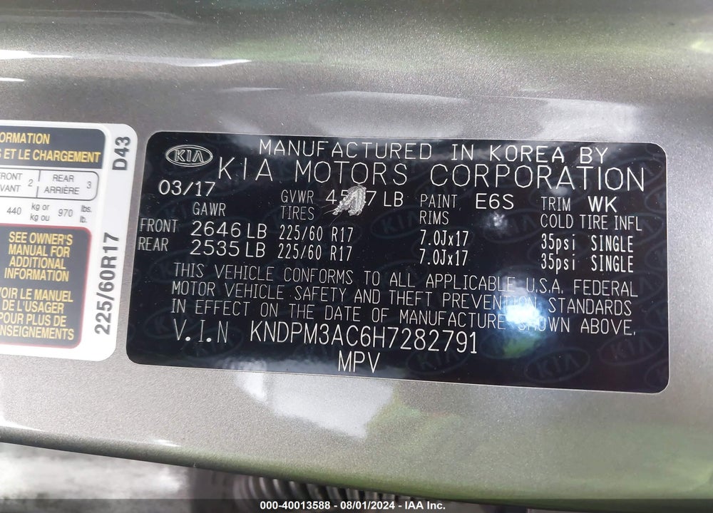 2017 KIA SPORTAGE LX VIN: KNDPM3AC6H7282791