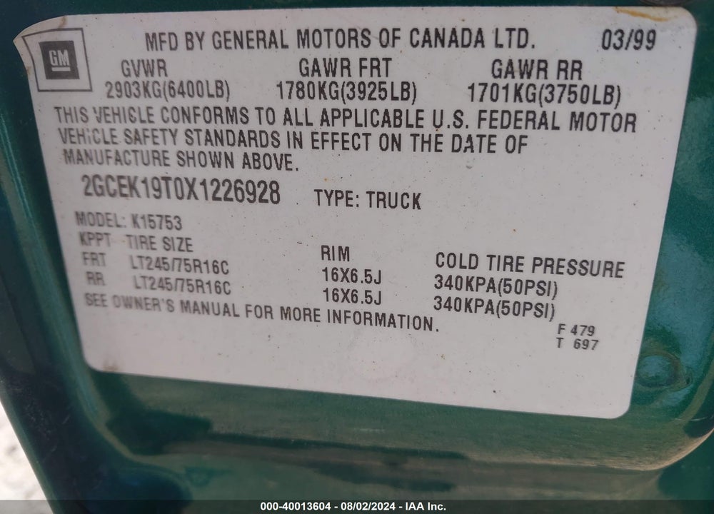 1999 CHEVROLET SILVERADO 1500 LS VIN: 2GCEK19T0X1226928