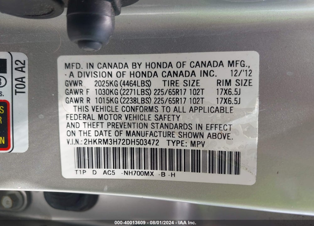 2013 HONDA CR-V EX-L VIN: 2HKRM3H72DH503472