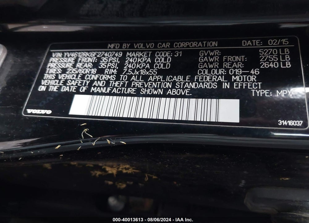 2015 VOLVO XC60 T5/T5 PREMIER VIN: YV4612RK6F2740749