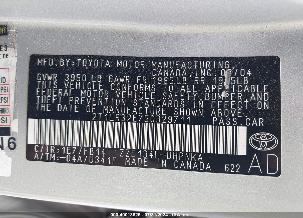 2005 TOYOTA MATRIX/XR VIN: 2T1LR32E75C329711