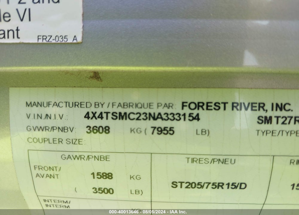 2022 FOREST RIVER OTHER VIN: 4X4TSMC23NA333154