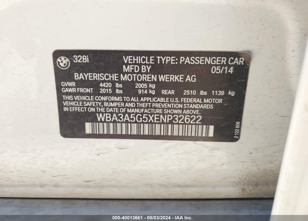 2014 BMW 328I VIN: WBA3A5G5XENP32622
