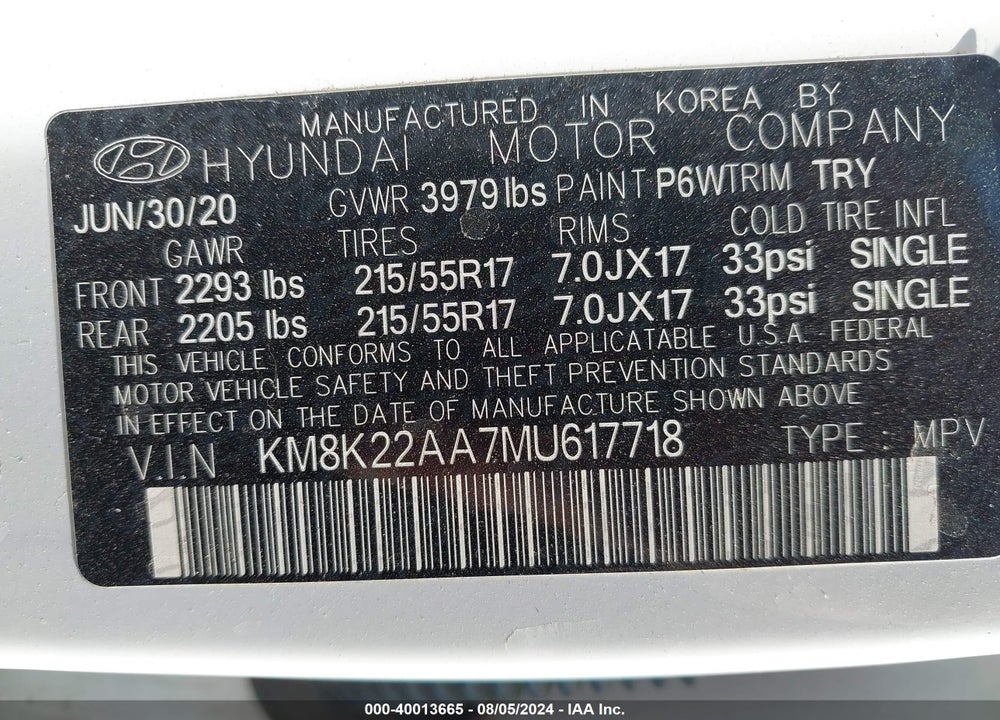 2021 HYUNDAI KONA SEL VIN: KM8K22AA7MU617718