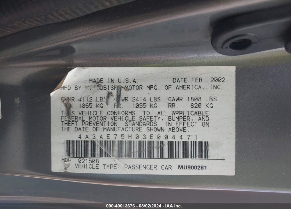 2003 MITSUBISHI ECLIPSE SPYDER GTS VIN: 4A3AE75H03E004471