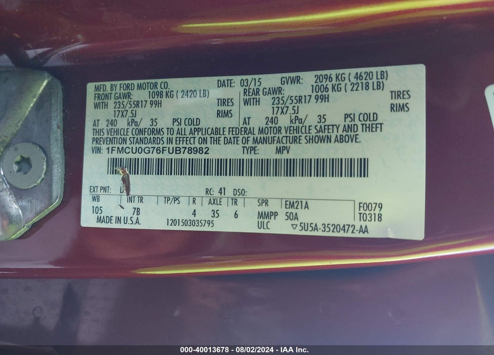 2015 FORD ESCAPE SE VIN: 1FMCU0G76FUB78982